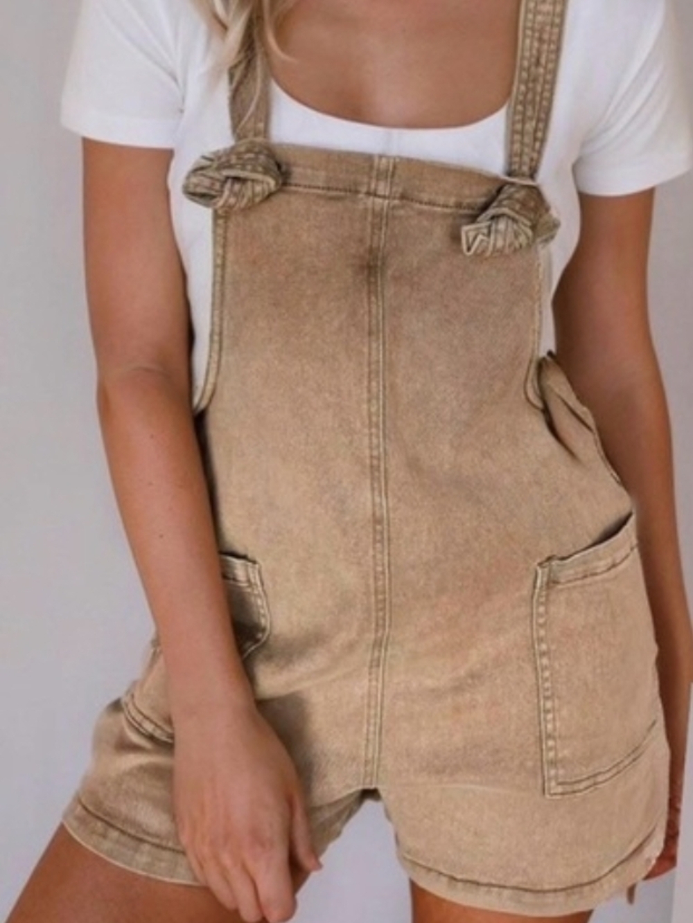 Zenana Outfitters Light Camel Denim Short Overalls w/Knotted Straps Sz S,M,L New